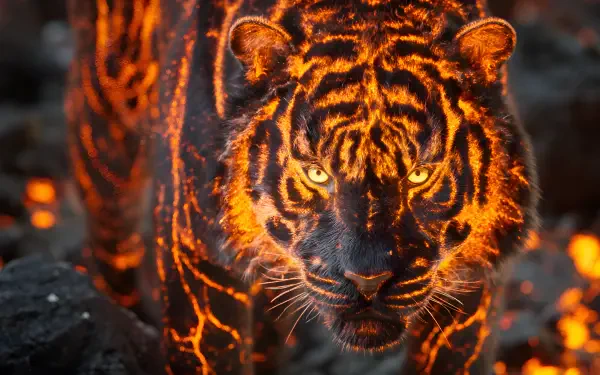Fantasy lava tiger with molten stripes and glowing eyes, intense stare against rocky embers — 4K Ultra HD PC desktop wallpaper background.