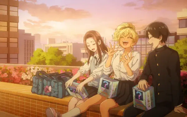 Anime HD PC desktop wallpaper: Kei Amane, Kotoko Ijichi and Takuya Seo from Gals Can't Be Kind to Otaku!? sit on a rooftop at sunset, laughing in school uniforms, colorful city background.