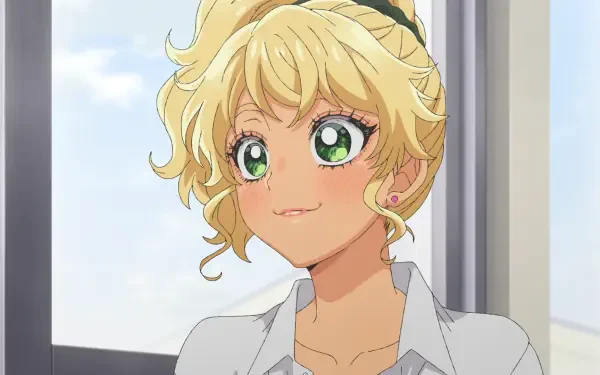 HD PC desktop wallpaper of Kotoko Ijichi from Gals Can't Be Kind to Otaku!?, smiling with short curly blonde hair and bright green eyes, in a white blouse by a sunlit window.