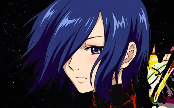 Touka Kirishima (Tokyo Ghoul) close-up: blue hair covering one eye, somber expression with red kagune accents against a dark starry backdrop — 5K Ultra HD PC wallpaper.