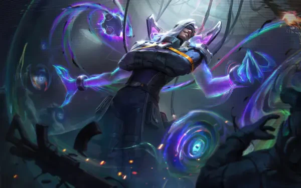 8K Ultra HD PC desktop wallpaper of Vladimir, the vampire from the video game League of Legends, levitating as blood-purple magic spirals around him in a shadowed, eerie forest.