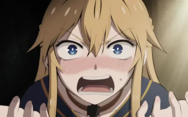 HD anime desktop wallpaper: Serafina de Lavillant from The Warrior Princess and the Barbaric King, close-up shouting with flushed cheeks, tearful, wide blue eyes and hands raised.