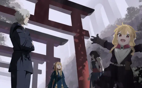 Anime HD PC desktop wallpaper: The Warrior Princess and the Barbaric King — four characters beneath a red torii gate in a misty forest; blonde girl excited, white‑haired man stoic.