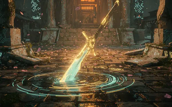 4K Ultra HD PC desktop wallpaper: a glowing energy sword plunged into an ancient stone floor, cyan blade radiating light and circuit-like rings amid a ruined temple.