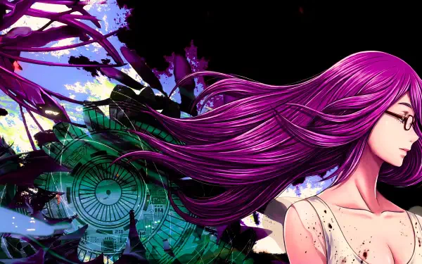 5K Tokyo Ghoul desktop wallpaper of anime girl Rize Kamishiro: purple-haired ghoul in profile with glasses, flowing hair over abstract clockwork city and a dark sky.
