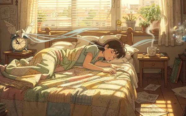 Waking up — 4K Ultra HD PC desktop wallpaper of a person stretching on a sunlit bed, alarm clock and mug on the nightstand, plants and scattered papers in a cozy morning room.