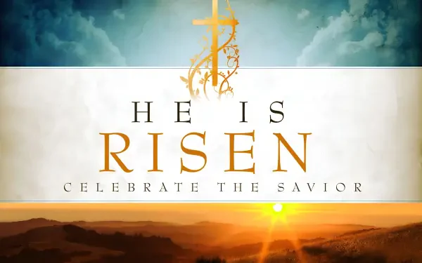 2K Quad HD PC desktop wallpaper/background: religious Easter scene reading He Is Risen with a golden cross, sunrise over hills and Celebrate the Savior text.