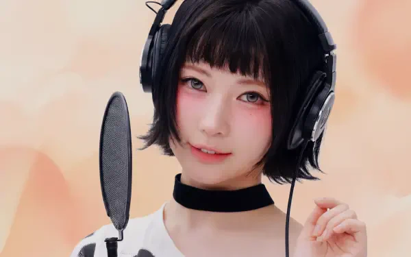 5K Ultra HD desktop wallpaper of a young woman with a black bob and choker at a microphone, wearing headphones against a peach backdrop — k-pop–inspired, Japanese model–like singer vibe.