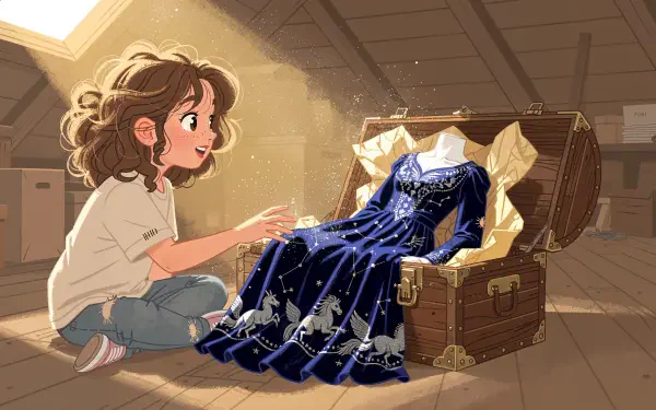 4K Ultra HD PC desktop wallpaper: a wide-eyed girl in an attic discovers a glowing navy, star-studded princess dress draped in a treasure chest, bathed in golden sunlight.