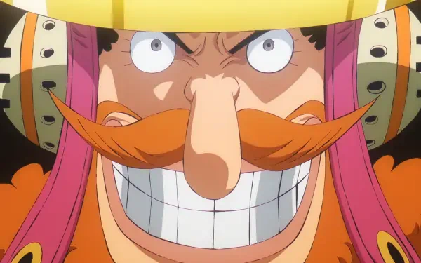 Anime HD PC desktop wallpaper of Usopp (One Piece) grinning wildly, showcasing his long nose, orange mustache and colorful helmet-like headgear in vivid anime detail.