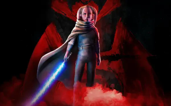 Star Wars: Maul – Shadow Lord 5K Ultra HD PC wallpaper: cloaked figure in red mist holds a glowing blue lightsaber before a looming Sith emblem.