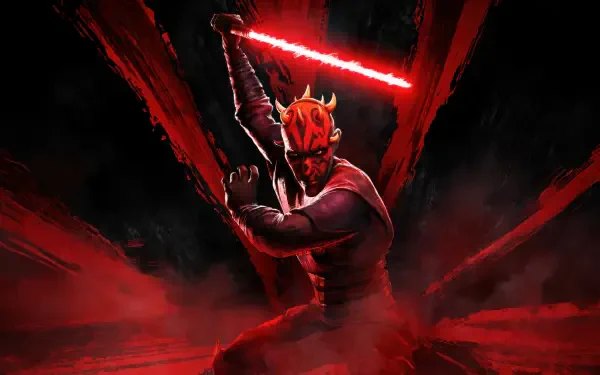 Star Wars: Maul – Shadow Lord 5K Ultra HD PC wallpaper of Maul brandishing a red double-bladed lightsaber amid swirling red shadow smoke