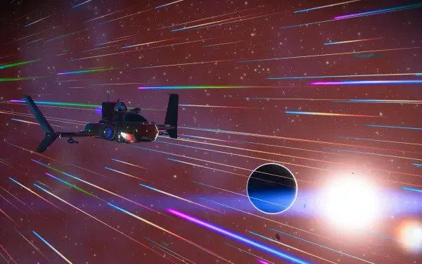 No Man's Sky video game 4K Ultra HD PC desktop wallpaper: spaceship streaks through multicolored star trails past a glowing planet and bright sun.