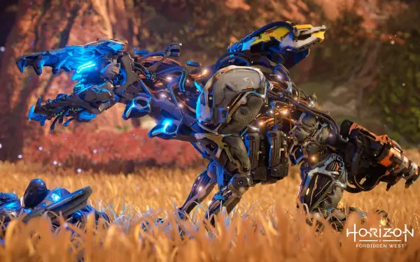 Video game Horizon Zero Dawn 4K Ultra HD PC desktop wallpaper/background: a glowing blue robotic raptor prowls through golden grass at sunset.
