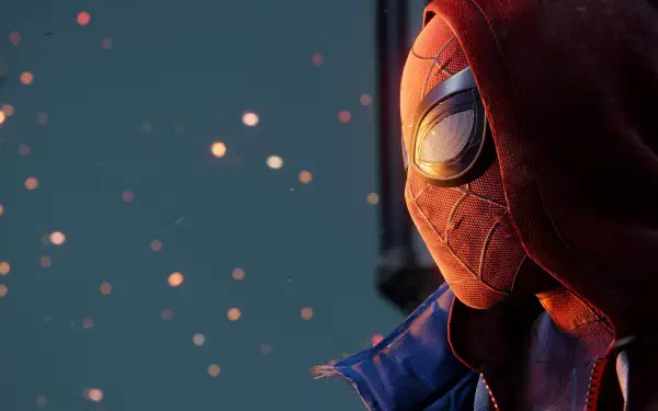 Spider-Man (PS4) close-up in a hooded suit against soft bokeh lights, rendered as a 4K Ultra HD PC desktop wallpaper and background.
