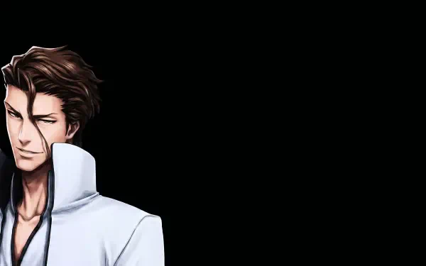5K Ultra HD PC wallpaper featuring Bleach anime's Sōsuke Aizen: half-portrait on left, white coat, tousled dark hair and a confident smirk against a solid black background.