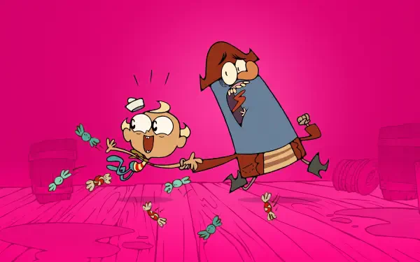 Magenta 4K Ultra HD PC desktop wallpaper of Cartoon Network's The Marvelous Misadventures of Flapjack: Flapjack and Captain K'nuckles cling to a broom, scattering candy across a wooden deck.