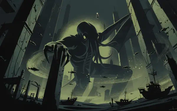 4K Ultra HD PC desktop wallpaper/background of Cthulhu looming over a ruined harbor, glowing eyes and writhing tentacles among collapsed piers and stranded ships.