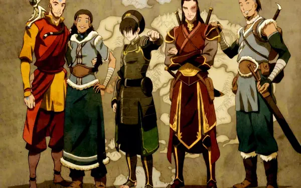 4K Ultra HD PC wallpaper of The Legend of Aang: The Last Airbender — Aang, Zuko, Sokka and Katara posed together in stylized outfits on a parchment-style backdrop.