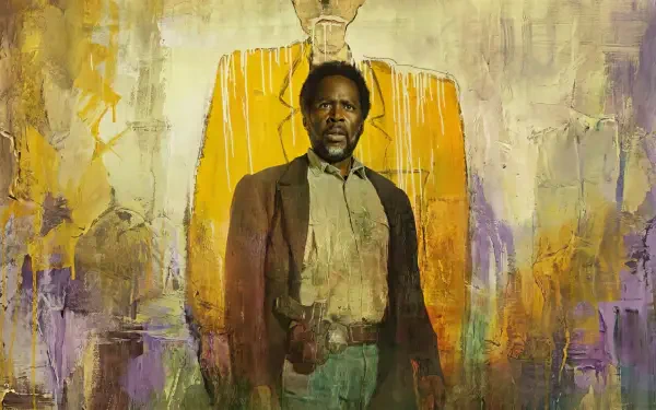 HD PC desktop wallpaper of a TV show (From 2022): a man in a brown coat and holster stands before a textured yellow-orange and purple painted backdrop.