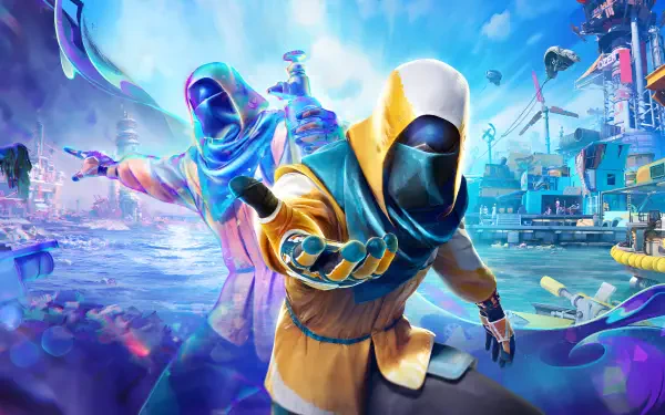 Tides of Tomorrow video game 2K Quad HD PC desktop background: masked hooded figures reach toward viewer over a neon waterfront city beneath vivid blue skies.