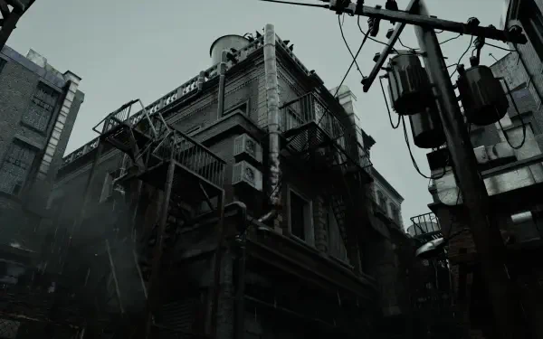 Resident Evil Requiem 2K Quad HD PC desktop wallpaper/background: moody, rain-soaked industrial building and tangled power lines under a stormy gray sky.