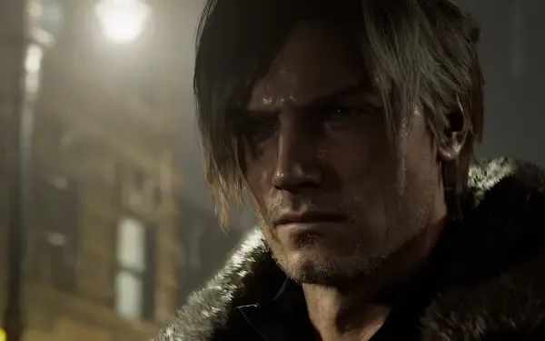 Leon S. Kennedy from Resident Evil Requiem, brooding close-up in moody light — 2K Quad HD PC desktop wallpaper/background.