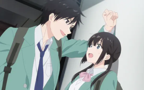 HD PC wallpaper of Miku Sakura and Yukiya Asagi from I Want to End this Love Game — Yukiya leans close, pinning Miku against a wall in school uniforms; she looks startled, romantic tension.