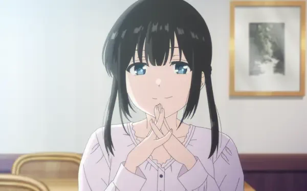 Anime HD PC desktop wallpaper of Miku Sakura from I Want to End this Love Game: close-up with black hair and blue eyes, hands clasped, gentle smile in a softly lit room.