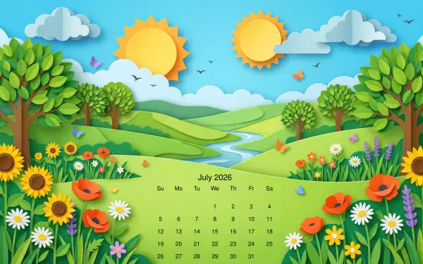 July 2026 calendar over a paper-cut style sunny meadow with hills, trees and flowers — 5K Ultra HD PC desktop wallpaper and background.