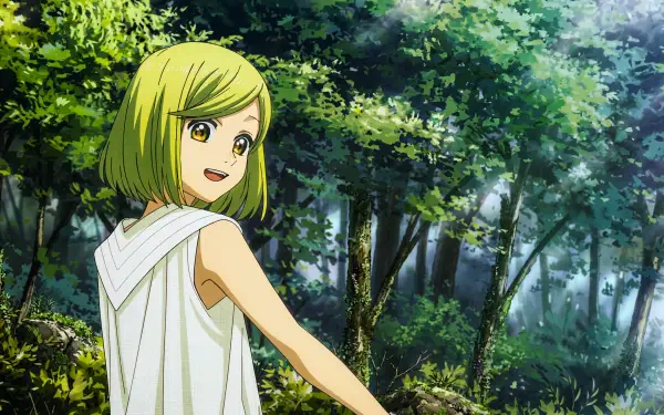 Witch Hat Atelier anime witch girl with short green hair smiling in a sunlit spring forest — fantasy 5K Ultra HD PC desktop wallpaper/background.