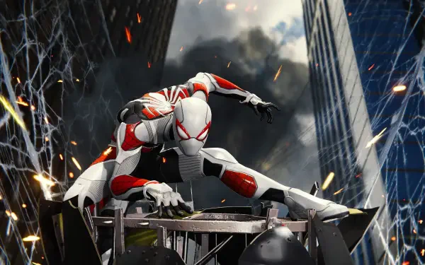 Spider-Man (PS4) in a white-and-red suit crouches on a rooftop amid skyscrapers and sparks, 4K Ultra HD video game PC desktop wallpaper.