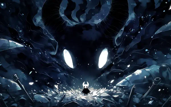 Hollow Knight video game dark gaming wallpaper: lone white-masked Knight game character stands before a towering shadow beast with glowing eyes, 2K Quad HD PC desktop background.