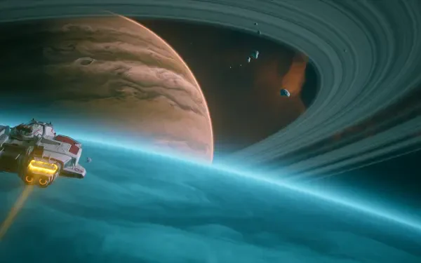 Everspace 2 video game 2K Quad HD PC desktop wallpaper: sleek spaceship with glowing thrusters skimming blue cloud tops beside a vast ringed gas giant under distant stars.