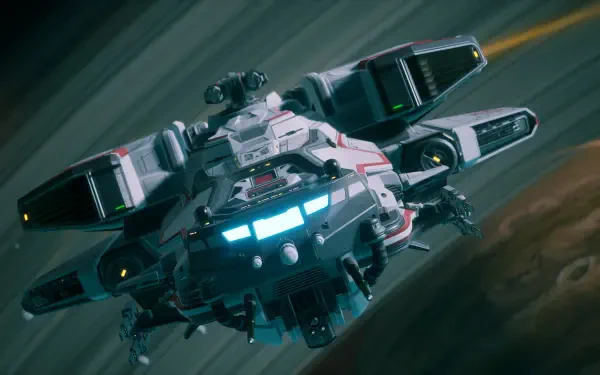 Everspace 2 video game 2K Quad HD PC desktop wallpaper: sleek armed spaceship with blue cockpit lights and thrusters streaking over a planet against a blurred starfield.