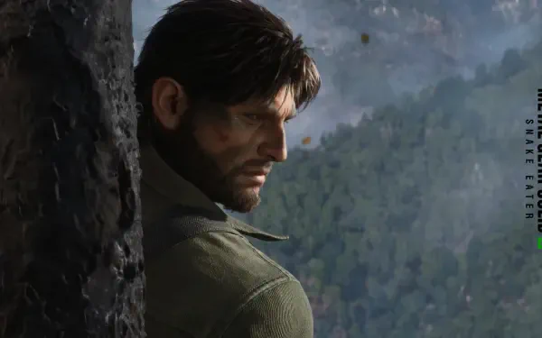 4K Ultra HD PC desktop wallpaper of Metal Gear 3 protagonist: a bearded soldier leaning against a cliff, staring across a misty forest valley in moody, cinematic light.