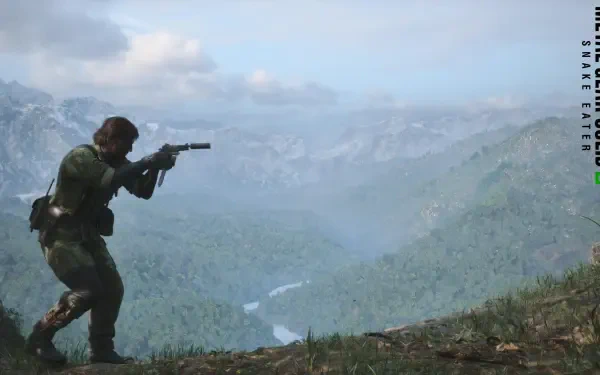 4K Ultra HD PC desktop wallpaper: Metal Gear 3 video game soldier aiming a rifle from a grassy ridge overlooking a misty mountain valley.