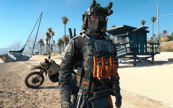 Battlefield 6 4K Ultra HD PC desktop wallpaper: armored soldier in tactical gear stands on a sunny beach beside a motorcycle and lifeguard tower under a clear blue sky.