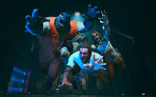 4K Ultra HD PC desktop wallpaper from the video game Suicide Squad: Kill the Justice League — four squad members lunging toward the camera in a dark industrial room with dramatic lighting.