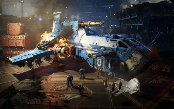 Video game Warhammer Space Marine 4K Ultra HD PC desktop wallpaper/background: blue Space Marine gunship in a smoky hangar, scorched hull and crew amid burning engines.