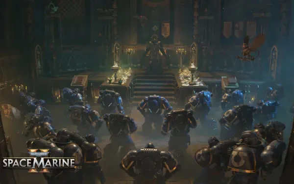 4K Ultra HD PC desktop wallpaper: Warhammer Space Marine squad in power armor assembled before a gothic throne, blue lighting and candles, cinematic video game battle-hall scene.