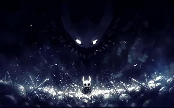 2K Quad HD PC desktop wallpaper of Hollow Knight: Silksong — a lone Knight in glowing grass faces a looming, shadowy maw with piercing eyes in a dark video game scene.
