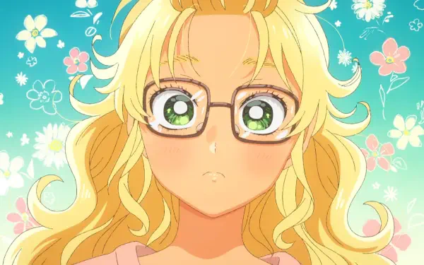 HD PC desktop wallpaper: Kotoko Ijichi from Gals Can't Be Kind to Otaku!? Close-up of a blonde, wavy-haired girl with glasses and green eyes against a turquoise floral background.