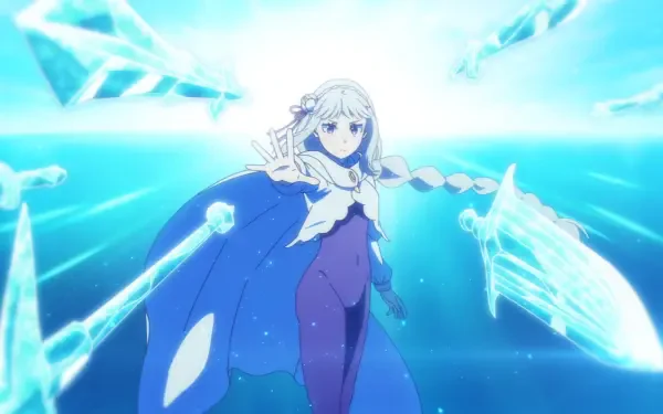 Anime HD desktop wallpaper: Emilia (Re:ZERO) from Gals Can't Be Kind to Otaku!? — cape and braid flowing as she summons glowing ice crystals against a vivid blue backdrop.