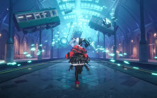 Mobile game Neverness to Everness 4K Ultra HD PC desktop wallpaper: lone figure in red running through a neon train hall with floating cars and glowing fish background.