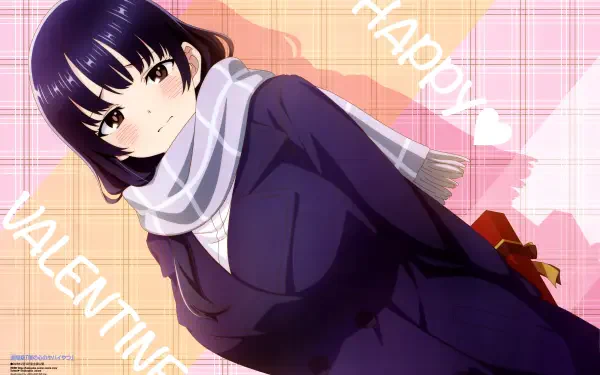 Anna Yamada from The Dangers in My Heart in anime style, wearing a scarf and school uniform against a pink plaid Valentine-themed 5K Ultra HD PC desktop wallpaper.