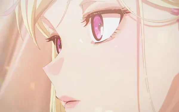 HD PC desktop wallpaper of Noren Mitsuoka from KILL BLUE — anime close-up profile of a blonde girl with pink-violet eyes, soft glowing light and delicate facial detail.