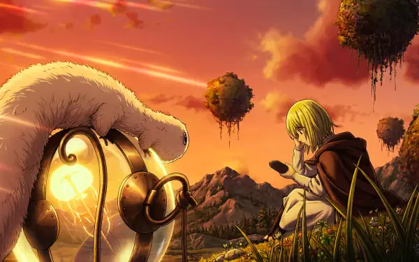 5K Ultra HD PC Desktop wallpaper: Coco (Witch Hat Atelier), a cute anime girl in a cloak at sunset, sitting by a glowing lantern and white creature amid floating islands in a fantasy landscape.