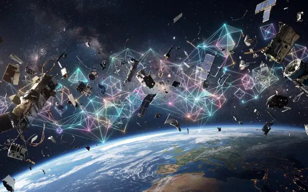 5K Ultra HD PC desktop wallpaper/background: drifting space debris and satellite fragments above Earth, threaded with neon geometric light networks.