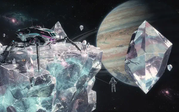 4K Ultra HD PC desktop wallpaper & background: space mining — crystalline asteroid fields, a mining ship and tethered astronauts drifting before a ringed gas giant.